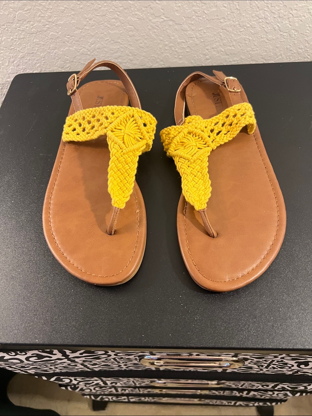 JustFab Yellow Braided Toe-Post Sandals with Brown Footbed